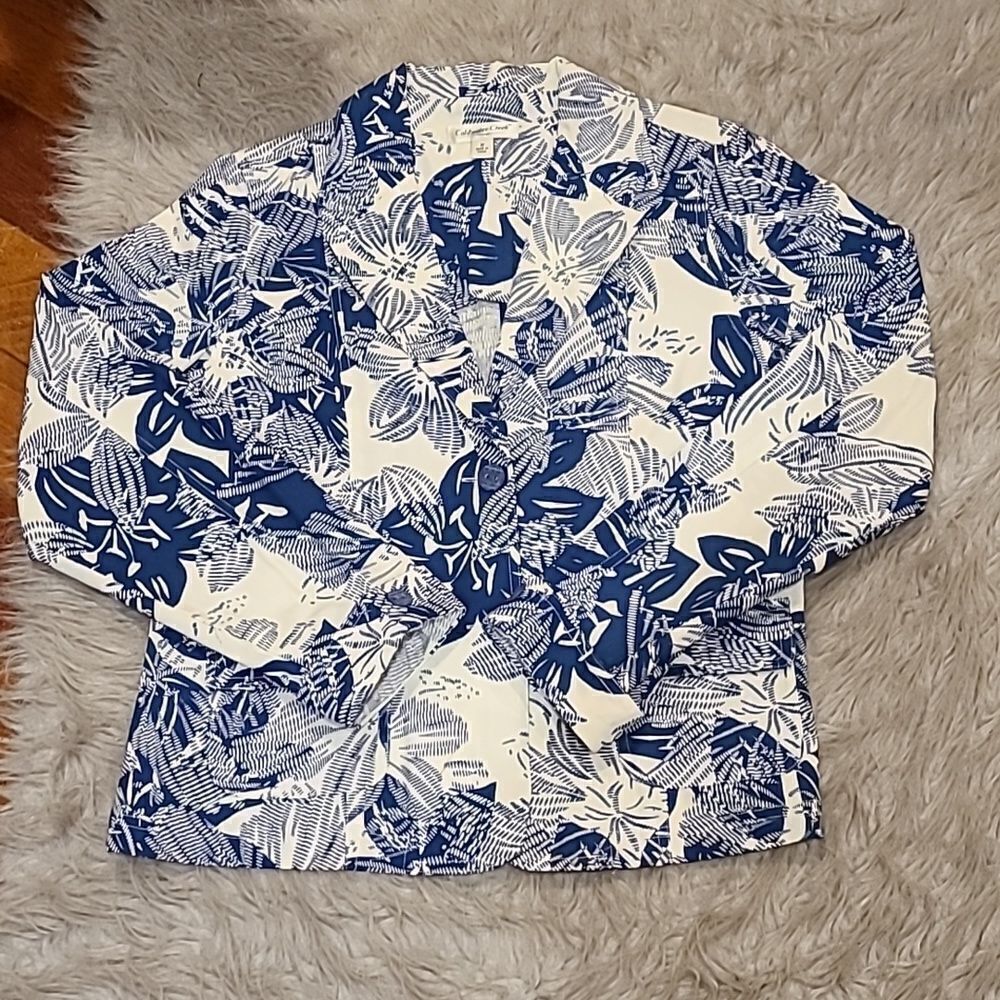 Coldwater creek womens cotton white and navy blue floral print jacket